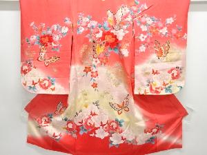 蝶に牡丹・薔薇模様一つ紋子供着物